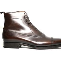 Ankle high Dark Brown Leather Casual Lace Up Boot, Men Cap Toe boot - Thumbnail 1