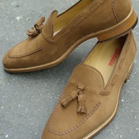 Handmade Men Oxford Tassels Shoes, Men Brown Suede formal loafer shoes - Thumbnail 1