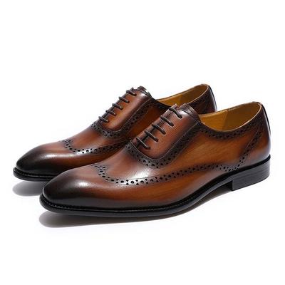 Men's handmade,brogue brown black two tone leather wing tip lace up dress shoes - Thumbnail 5