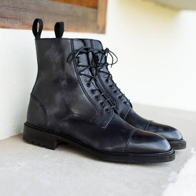 Ankle high black leather casual lace up boot, men cap toe boot - Thumbnail 4