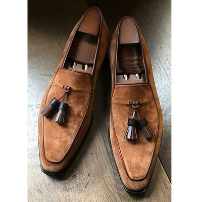 Handmade men's oxford tassels shoes, men's brown suede formal loafer shoes - Thumbnail 5