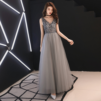 Gray v neck beads long prom dress, gray evening dress