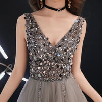 Gray v neck beads long prom dress, gray evening dress - Thumbnail 1