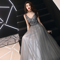 Gray v neck beads long prom dress, gray evening dress - Thumbnail 2