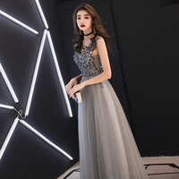Gray v neck beads long prom dress, gray evening dress - Thumbnail 3