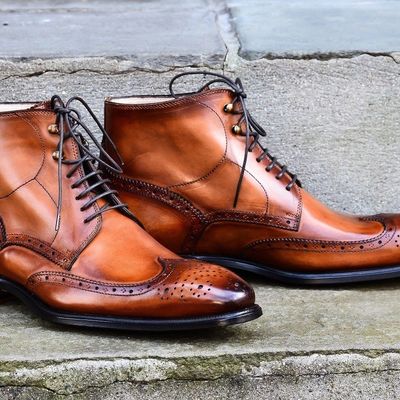 Hand stitched men lace up ankle high boots, brown brogues designer leather boots - Thumbnail 5