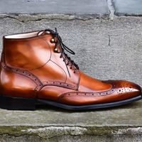 Hand Stitched Men Lace Up Ankle High Boots, Brown Brogues Designer Leather Boots - Thumbnail 1