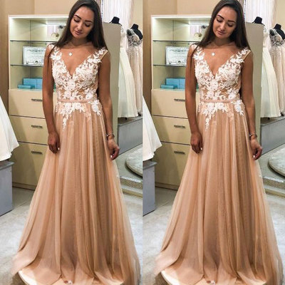 V neck tulle long prom dresses with lace appliques - Thumbnail 5