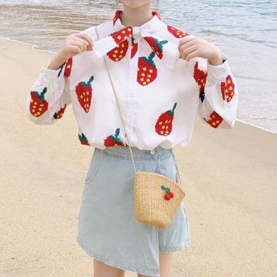 Strawberry lace up blouse