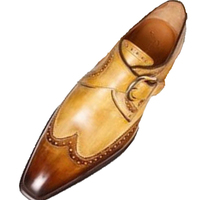 Handmade Men's Tan Brown Leather Shoes Wing Tip Monk Brogue Strap Shoes - Thumbnail 1