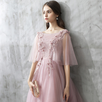 Pink round neck lace long prom dress, pink evening dress - Thumbnail 1