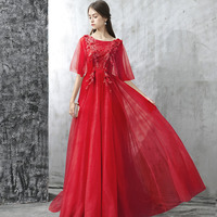 Pink round neck lace long prom dress, pink evening dress - Thumbnail 3