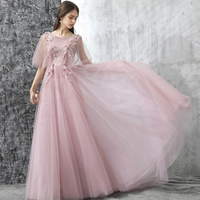 Pink round neck lace long prom dress, pink evening dress - Thumbnail 4