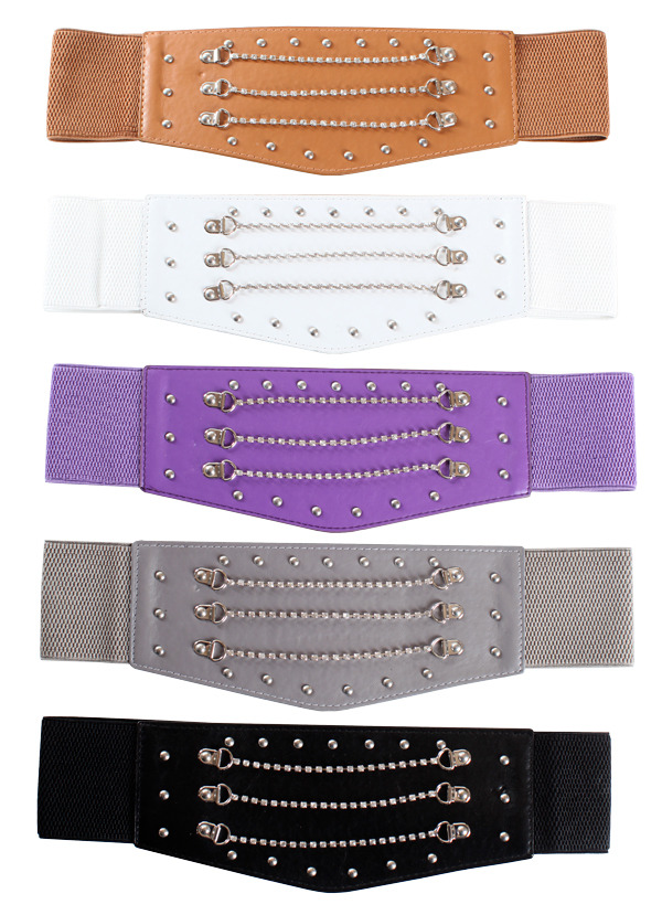 Wide Belt Waist Cincher with Rhinestone Chain