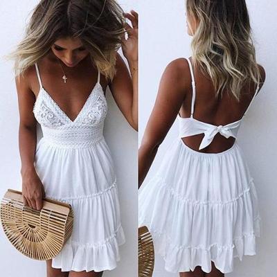 Fashion V-Neck Backless Bow Lace Dress