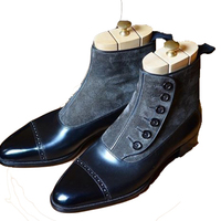 Handmade Men's Black Button Boot, Men's Leather Cap Toe Formal Boot - Thumbnail 1