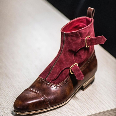 Handmade men's monk boot, men's brown burgundy double monk cap toe leather & suede boot - Thumbnail 5