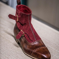Handmade Men's Monk Boot, Men's Brown Burgundy Double Monk Cap Toe Leather & Suede Boot - Thumbnail 1