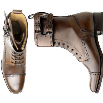 Handmade men's classic brown boot, brown leather double monk strap buckle boots - Thumbnail 5