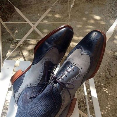Handmade men's formal shoe, blue gray leather & suede wing tip lace up shoes - Thumbnail 5
