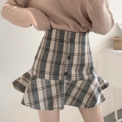 Retro Checker Woolen Fishtail Skirt