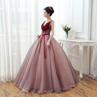 A line v neck lace tulle long prom dress, evening dress - Thumbnail 1