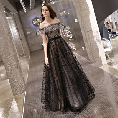 Cute black tulle long prom dress, evening dress - Thumbnail 5