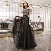 Cute black tulle long prom dress, evening dress - Thumbnail 2