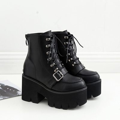 Back Zip up Chunky Heel Black Lace up Boots