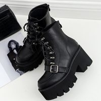 Back Zip up Chunky Heel Black Lace up Boots - Thumbnail 1