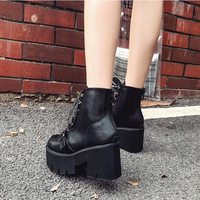 Back Zip up Chunky Heel Black Lace up Boots - Thumbnail 2