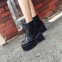Back Zip up Chunky Heel Black Lace up Boots - Thumbnail 3