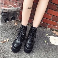Back Zip up Chunky Heel Black Lace up Boots - Thumbnail 4