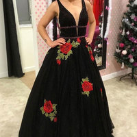 Elegant V Neck Black Long Prom Dresses with Rose Flower Appliques  - Thumbnail 1