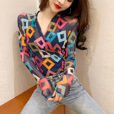 Chic Color Block See-through Mesh Top