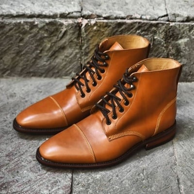 Handmade men's ankle high boot,men's tan brown leather captoe laceup formal boot - Thumbnail 5
