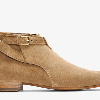 Handmade men's casual high boot, men's beige color suede buckle casual boot - Thumbnail 5