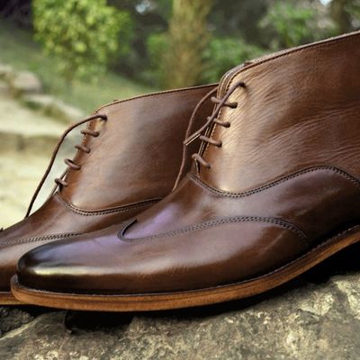 Handmade men's boot, men's tan brown leather wingtip lace up formal boot - Thumbnail 4