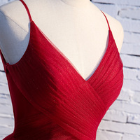 Burgundy v neck tulle long prom dress, evening dress - Thumbnail 2