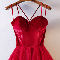 Red tulle velvet long prom dress, evening dress - Thumbnail 1