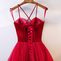 Red tulle velvet long prom dress, evening dress - Thumbnail 2