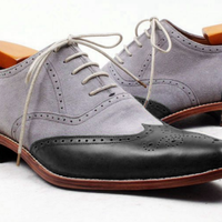 Handmade Men's Formal Shoes, Men's Black Gray Leather & Suede WingTip Shoes - Thumbnail 1