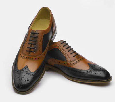 Handmade Men's Fashion Shoes, Men's Black Brown Leather Wing Tip Lace up Shoes