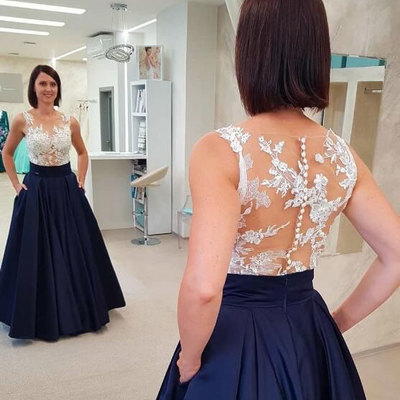 Elegant dark navy long prom dresses with pockets - Thumbnail 5