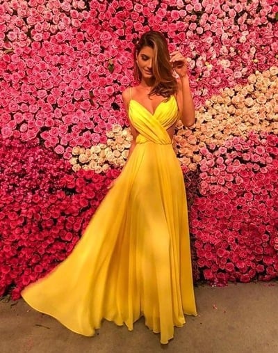 Spaghetti Straps Yellow Backless Prom Dresses long