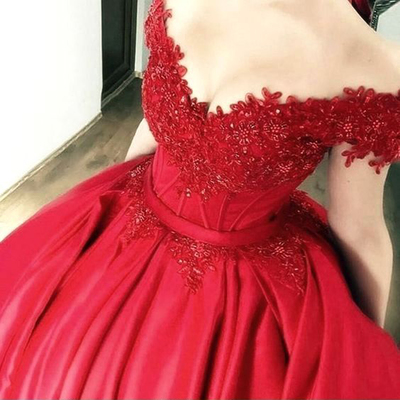 Red Ball Gown Off the Shoulder Prom Dresses with Appliques, 2019 Quinceanera Dresses