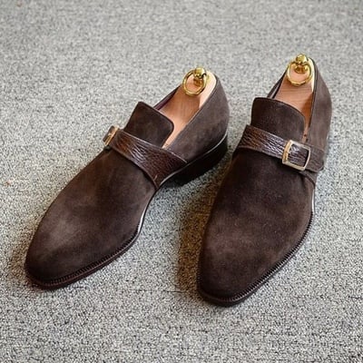 Handmade men's fashion shoes, men's brown suede monk strap shoes - Thumbnail 5