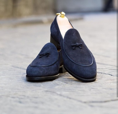 Handmade Men's Classic Shoes,Men's Navy Blue Suede Loafer Slips Formal Shoes