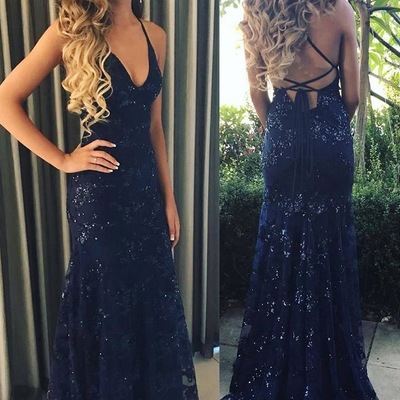 Elegant sheath criss cross dark navy prom dresses - Thumbnail 5