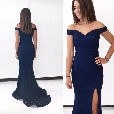 Off the Shoulder Navy Blue Split Side Prom Dresses